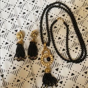 Avon Clip Earrings Black Tassel &Matching Necklace